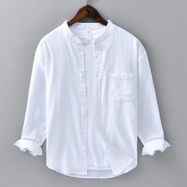 Buddha Stones Men's Long Sleeve Stand Collar With Pocket Pure Color Casual Cotton Linen Shirt - White - US/UK/AU40，EU50 (3XL) - image 6