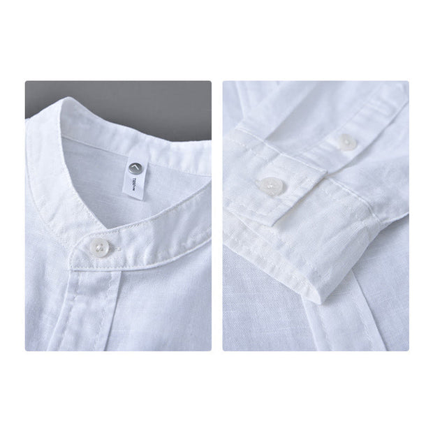 Buddha Stones Men's Long Sleeve Stand Collar With Pocket Pure Color Casual Cotton Linen Shirt - image 9