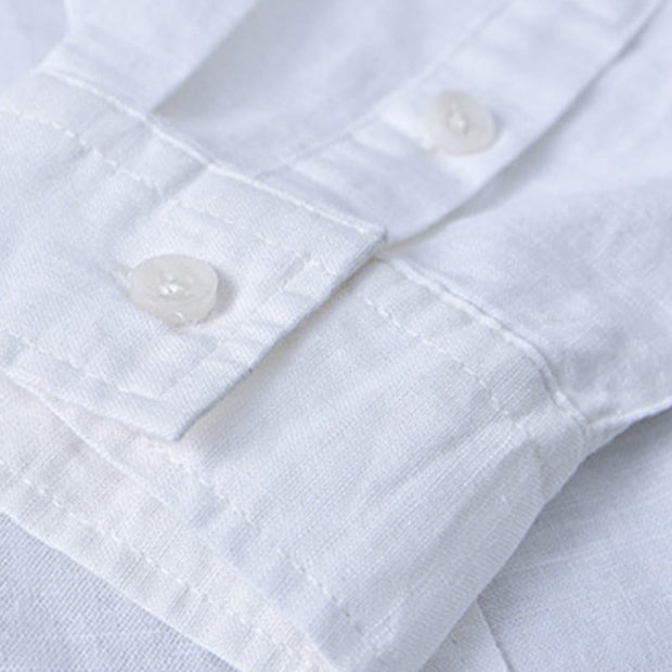 Buddha Stones Men's Long Sleeve Stand Collar With Pocket Pure Color Casual Cotton Linen Shirt - image 8