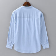 Buddha Stones Men's Long Sleeve Stand Collar With Pocket Pure Color Casual Cotton Linen Shirt - image 13