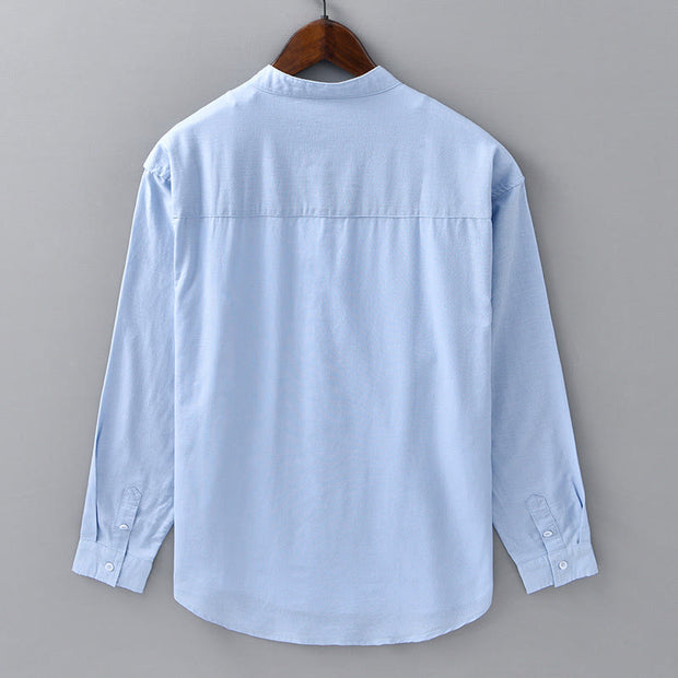 Buddha Stones Men's Long Sleeve Stand Collar With Pocket Pure Color Casual Cotton Linen Shirt - image 13
