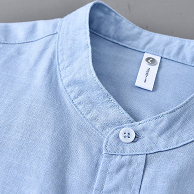 Buddha Stones Men's Long Sleeve Stand Collar With Pocket Pure Color Casual Cotton Linen Shirt - image 13