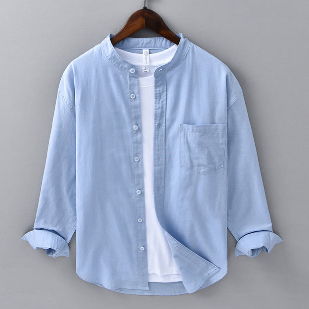 Buddha Stones Men's Long Sleeve Stand Collar With Pocket Pure Color Casual Cotton Linen Shirt - LightSkyBlue - US/UK/AU42，EU52 (3XL) - image 11