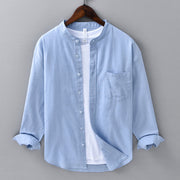 Buddha Stones Men's Long Sleeve Stand Collar With Pocket Pure Color Casual Cotton Linen Shirt