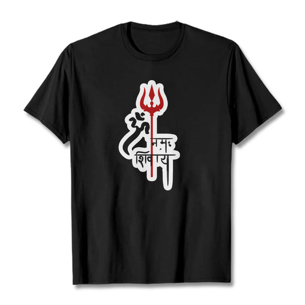 Buddha Stones OM NAMAH SHIVAYA Red Trident Profile Cotton Tee T-shirt