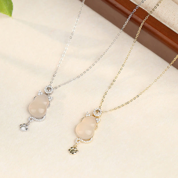 Buddha Stones 925 Sterling Silver 14k Gold White Jade Gourd Cat Protection Necklace Pendant Necklaces & Pendants BS 9