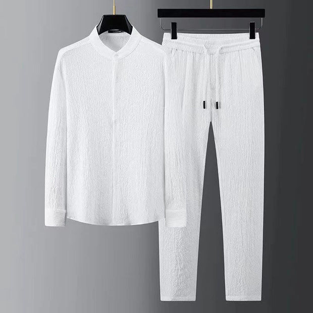 Buddha Stones Pure Color Long Sleeve Top Pants Clothing Men's Set Men's Meditation Cloth BS White US/UK/AU44，EU54 (4XL)