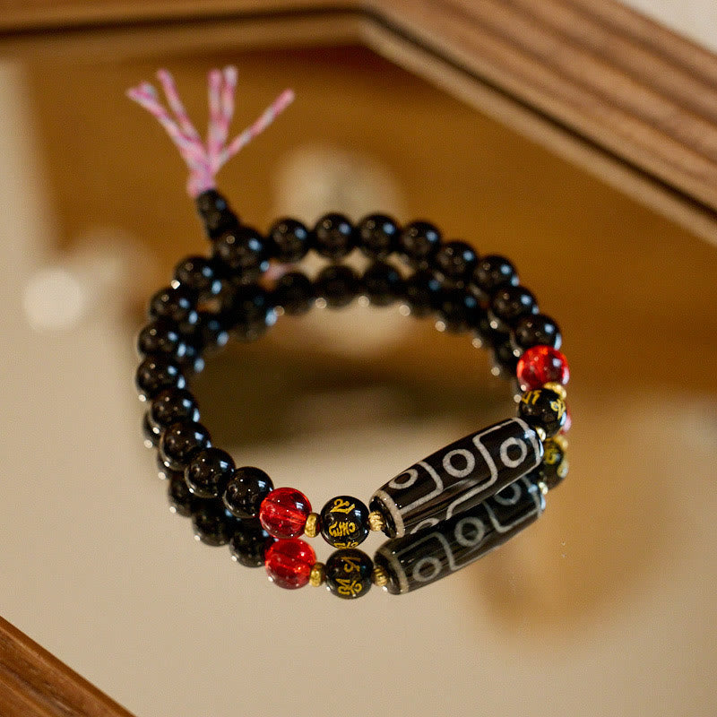 Buddha Stones Tibetan Nine-eye Dzi Bead Black Onyx Six True Words