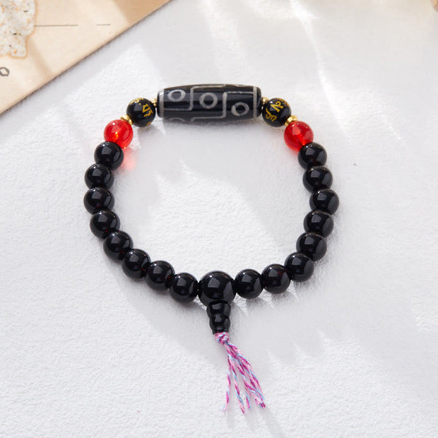 Buddha Stones Tibetan Nine-eye Dzi Bead Black Onyx Six True Words Wealth Protection Bracelet Bracelet BS 1