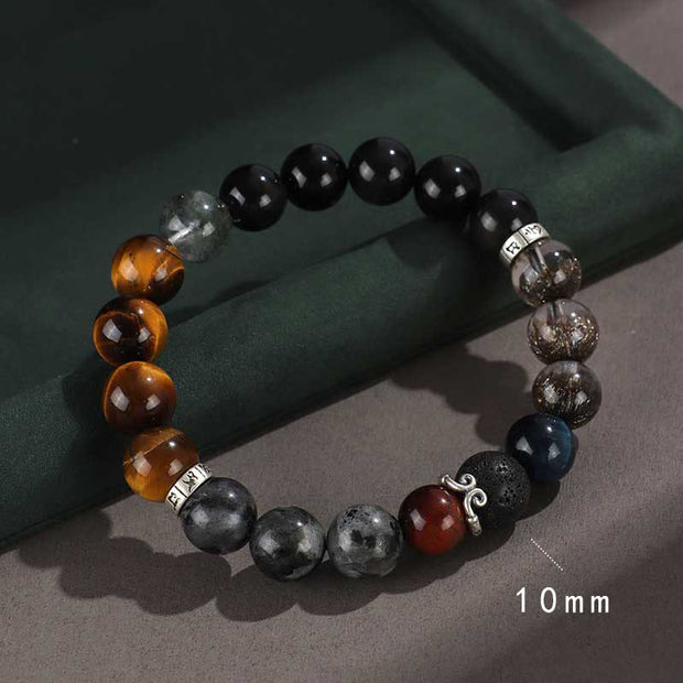 Buddha Stones 925 Sterling Silver Black Onyx Gold Sheen Obsidian Lava Rock Tiger Eye Six True Words Wealth Protection Bracelet Bracelet BS Tight Spell (Wrist Circumference 14-16cm)