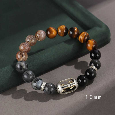 Buddha Stones 925 Sterling Silver Black Onyx Gold Sheen Obsidian Lava Rock Tiger Eye Six True Words Wealth Protection Bracelet Bracelet BS Six True Words (Wrist Circumference 14-16cm)