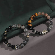 Buddha Stones 925 Sterling Silver Black Onyx Gold Sheen Obsidian Lava Rock Tiger Eye Six True Words Wealth Protection Bracelet Bracelet BS 5