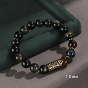 Buddha Stones 925 Sterling Silver Black Onyx Gold Sheen Obsidian Lava Rock Tiger Eye Six True Words Wealth Protection Bracelet Bracelet BS Gold Sheen Obsidian Tiger Eye (Wrist Circumference: 14-16cm)