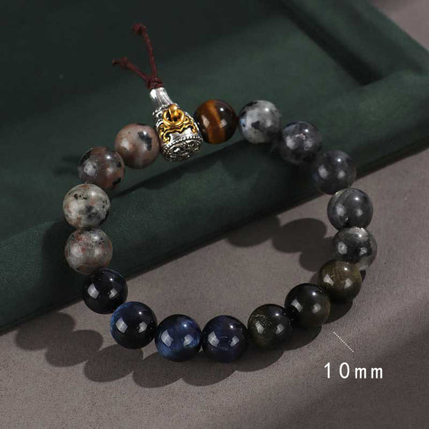 Buddha Stones 925 Sterling Silver Black Onyx Gold Sheen Obsidian Lava Rock Tiger Eye Six True Words Wealth Protection Bracelet Bracelet BS Lava Rock Tiger Eye (Wrist Circumference: 14-16cm)