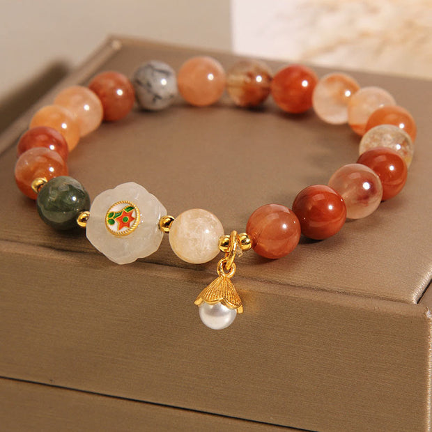 Buddha Stones Natural Fu Lu Shou Crystal Hetian White Jade Pearl Luck Bracelet Bracelet BS 2