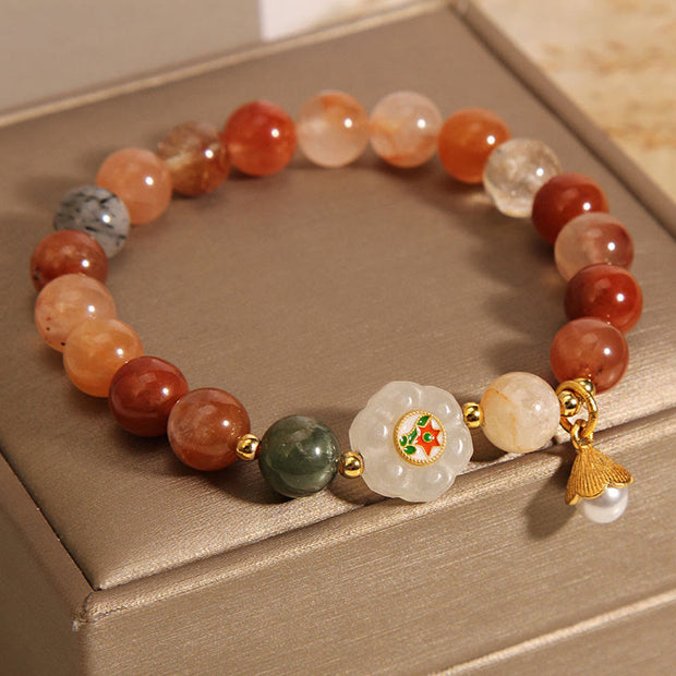 Buddha Stones Natural Fu Lu Shou Crystal Hetian White Jade Pearl Luck Bracelet Bracelet BS 3