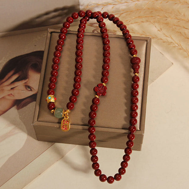 Buddha Stones Cinnabar Fu Character Flower Gourd Triple Wrap Blessing Bracelet Bracelet BS 4