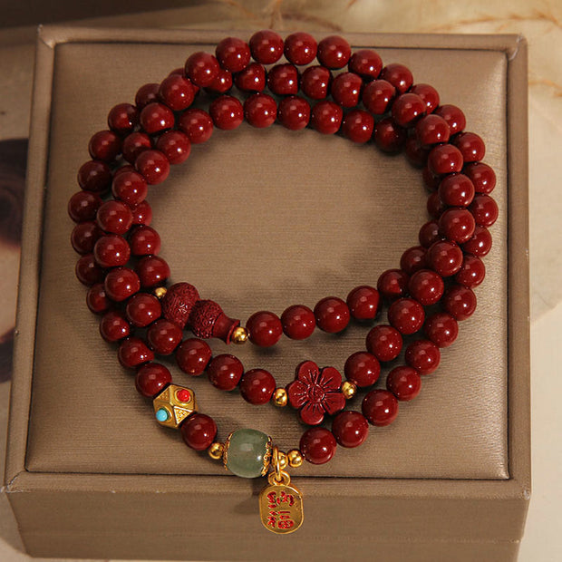 Buddha Stones Cinnabar Fu Character Flower Gourd Triple Wrap Blessing Bracelet Bracelet BS 2