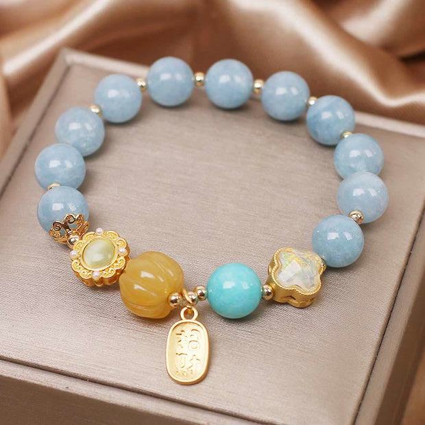 Buddha Stones Aquamarine Pumpkin Pearl Wealth Protection Bracelet Bracelet BS 1