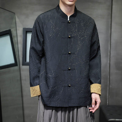 Buddha Stones Tang Suit Casual Frog-button Long Sleeve Nylon Men's Jacket Shirt Clothing (Extra 30% Off | USE CODE: FS30) - Black - US/UK/AU46，EU56 (5XL) - image 0