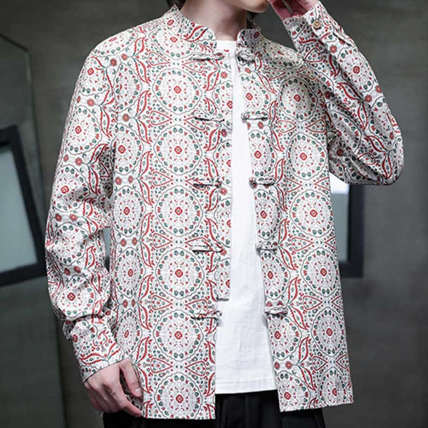 Buddha Stones Casual Frog-button Flower Cotton Men's Jacket Shirt Clothing Men's Jacket Shirt BS 12