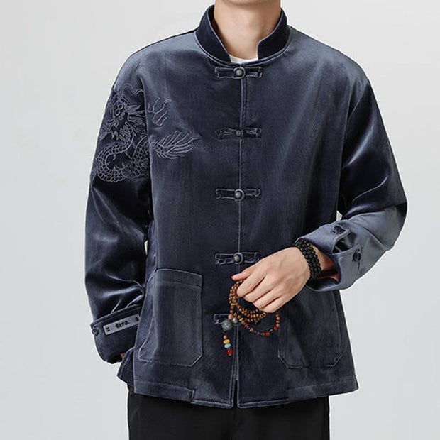 Buddha Stones Embroider Dragon Casual Frog-button Cotton Men's Jacket Shirt Clothing Men's Jacket Shirt BS 30