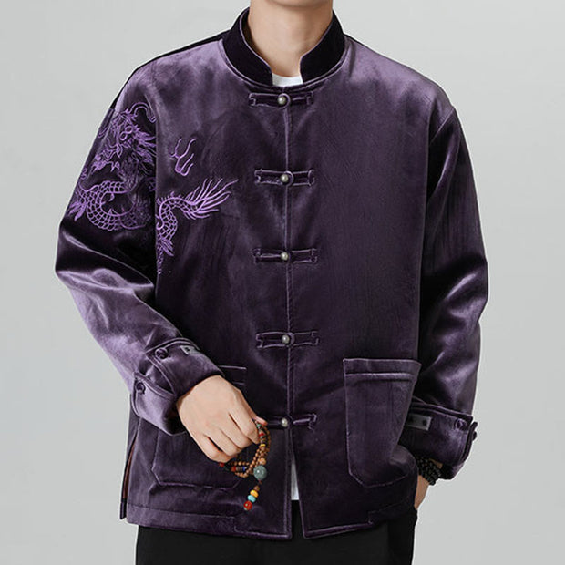 Buddha Stones Embroider Dragon Casual Frog-button Cotton Men's Jacket Shirt Clothing Men's Jacket Shirt BS 36