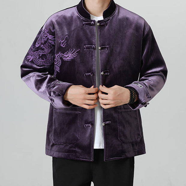 Buddha Stones Embroider Dragon Casual Frog-button Cotton Men's Jacket Shirt Clothing