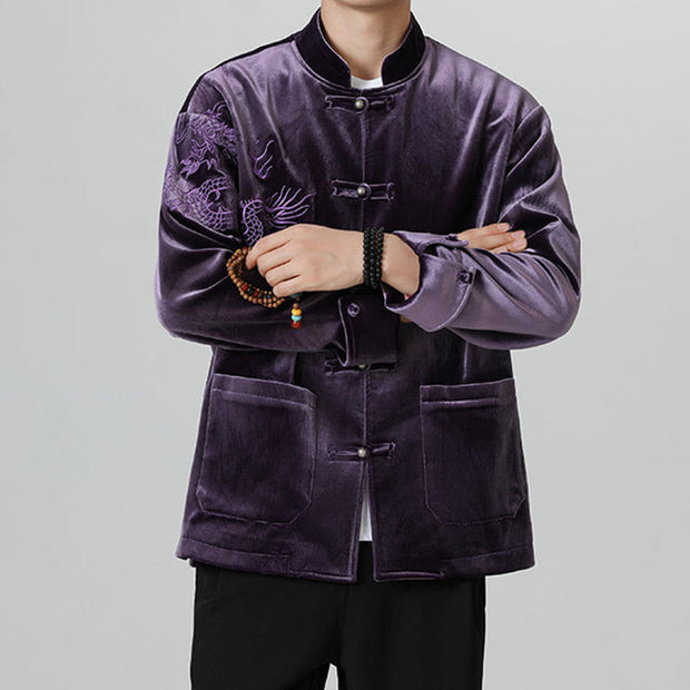 Buddha Stones Embroider Dragon Casual Frog-button Cotton Men's Jacket Shirt Clothing Men's Jacket Shirt BS 34