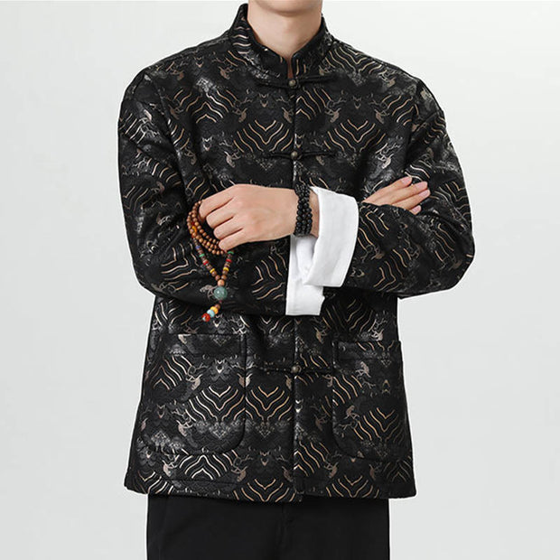 Buddha Stones Frog-Button Chinese Tang Suit Wave Shape Long Shirt Men Jacket Clothing