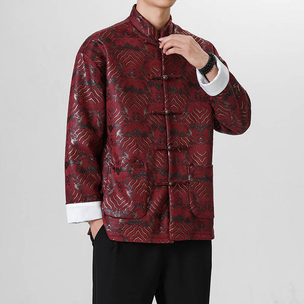 Buddha Stones Copper Frog-Button Chinese Tang Suit Wave Shape Long Shirt Men Jacket Clothing Men's Jacket Shirt BS 12