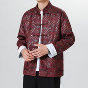 Buddha Stones Copper Frog-Button Chinese Tang Suit Wave Shape Long Shirt Men Jacket Clothing Men's Jacket Shirt BS 11