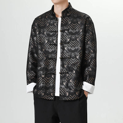 Buddha Stones Frog-Button Chinese Tang Suit Wave Shape Long Shirt Men Jacket Clothing (Extra 30% Off | USE CODE: FS30) - Black - US/UK/AU46，EU56 (5XL) - image 0