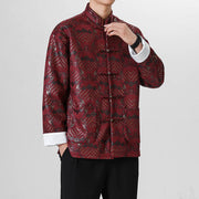 Buddha Stones Frog-Button Chinese Tang Suit Wave Shape Long Shirt Men Jacket Clothing (Extra 30% Off | USE CODE: FS30) - DarkRed - US/UK/AU46，EU56 (5XL) - image 6