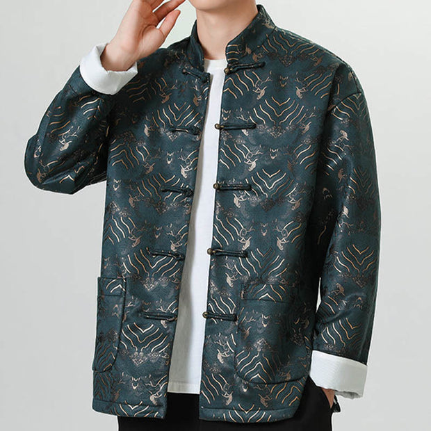 Buddha Stones Frog-Button Chinese Tang Suit Wave Shape Long Shirt Men Jacket Clothing