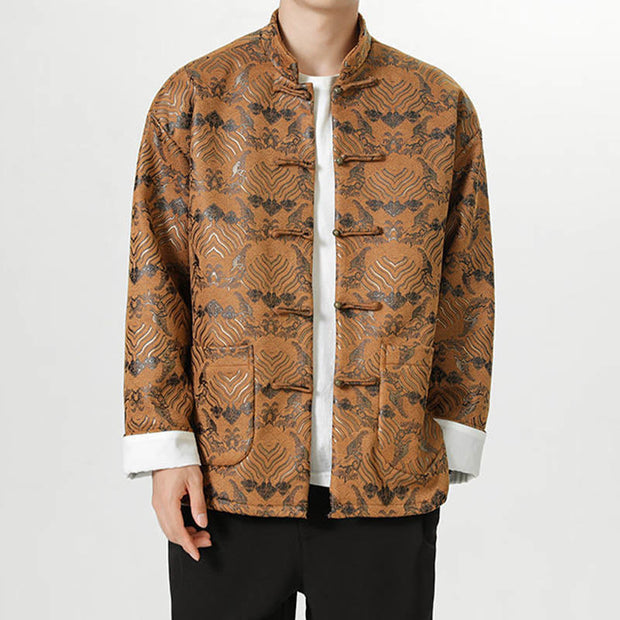 Buddha Stones Copper Frog-Button Chinese Tang Suit Wave Shape Long Shirt Men Jacket Clothing Men's Jacket Shirt BS 22