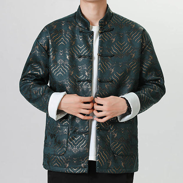 Buddha Stones Copper Frog-Button Chinese Tang Suit Wave Shape Long Shirt Men Jacket Clothing