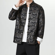 Buddha Stones Frog-Button Chinese Tang Suit Wave Shape Long Shirt Men Jacket Clothing