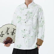 Buddha Stones Printing Bamboo Casual Frog-button Spandex Men's Jacket Shirt Clothing