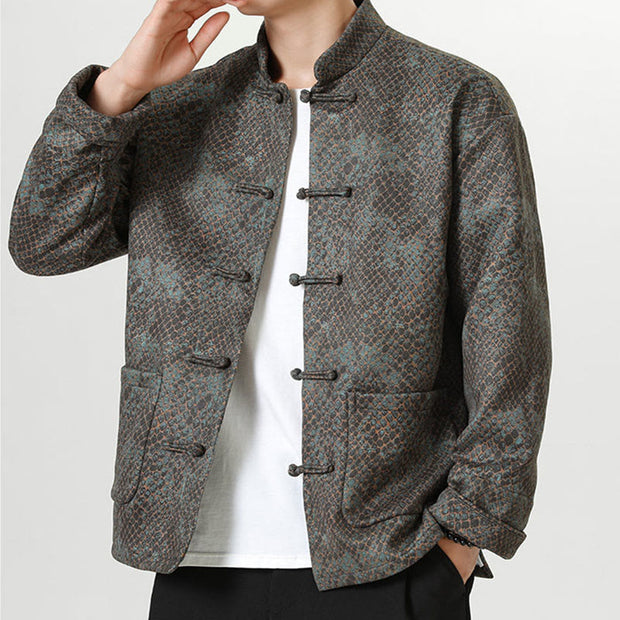 Buddha Stones Casual Suede Python Pattern Frog-button Cotton Men's Jacket Shirt Clothing Men's Jacket Shirt BS 12