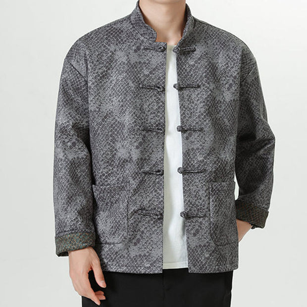 Buddha Stones Casual Suede Python Pattern Frog-button Cotton Men's Jacket Shirt Clothing