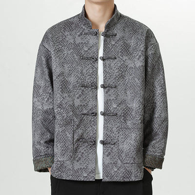 Buddha Stones Casual Suede Python Pattern Frog-button Cotton Men's Jacket Shirt Clothing