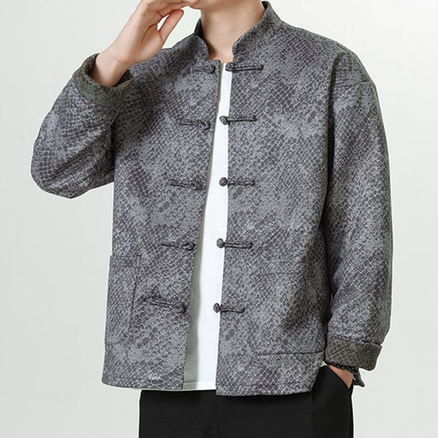 Buddha Stones Casual Suede Python Pattern Frog-button Cotton Men's Jacket Shirt Clothing