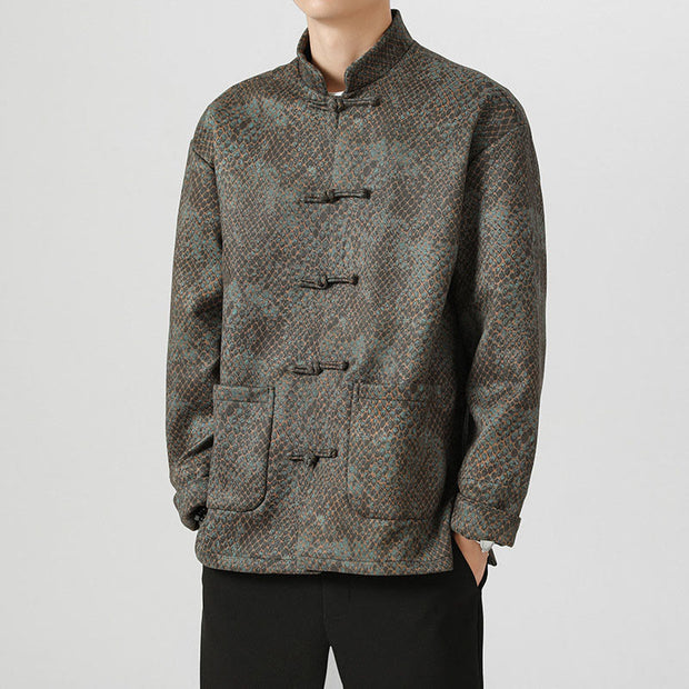 Buddha Stones Casual Suede Python Pattern Frog-button Cotton Men's Jacket Shirt Clothing