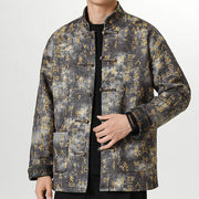 Buddha Stones Frog-Button Chinese Tang Suit Stand Collar Suede Oracle Character Long Shirt Men Cotton Jacket Clothing