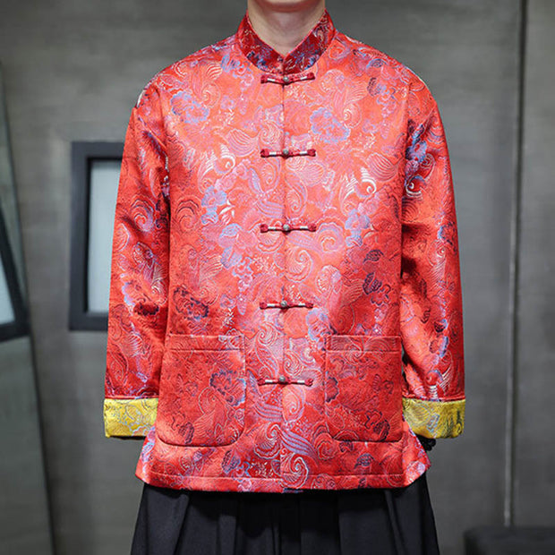 Buddha Stones Frog-Button Chinese Tang Suit Stand Collar Long Shirt Men Jacket Clothing Men's Jacket Shirt BS OrangeRed US/UK/AU46，EU56 (5XL)