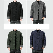 Buddha Stones Frog-Button Chinese Tang Suit Stand Collar Long Shirt Corduroy Men Cotton Jacket Clothing