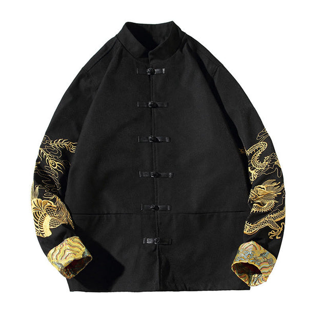 Buddha Stones Embroider Dragon Phoenix Casual Frog-button Cotton Men's Jacket Shirt Clothing