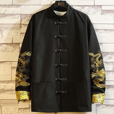 Buddha Stones Embroider Dragon Phoenix Casual Frog-button Cotton Men's Jacket Shirt Clothing Men's Jacket Shirt BS Black US/UK/AU46，EU56 (5XL)