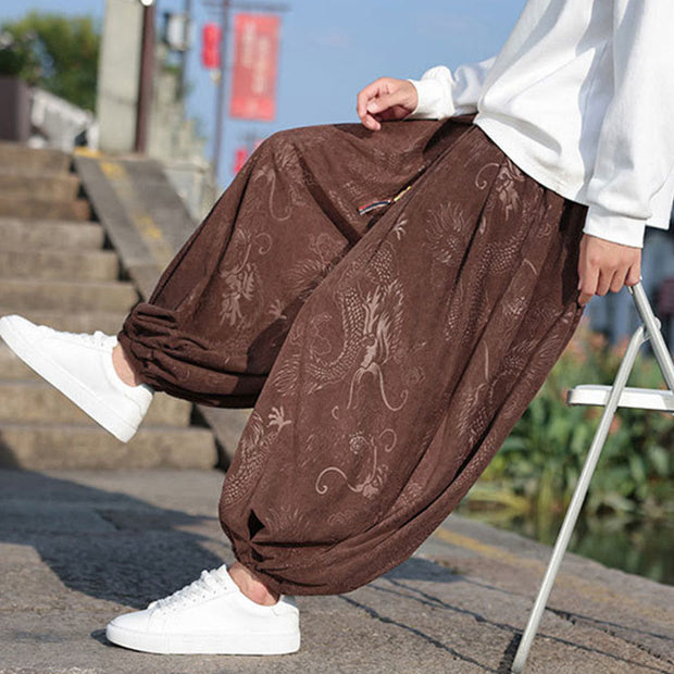 Buddha Stones Dragon Design Casual Plain Cotton Men's Pants With Pockets Men's Pants BS 7